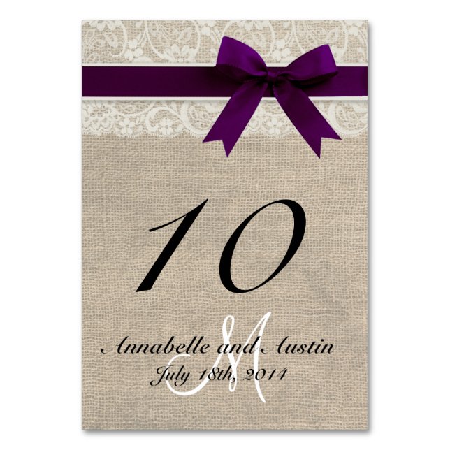 Lace and Burlap Rustic Wedding Table Card - Plum (Front)