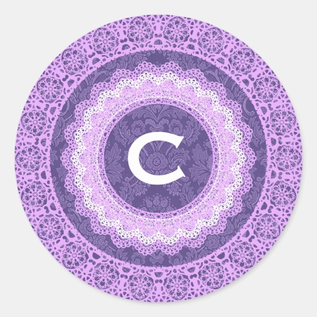 Lace and Custom Monogram V16 PURPLE 4 Classic Round Sticker (Front)
