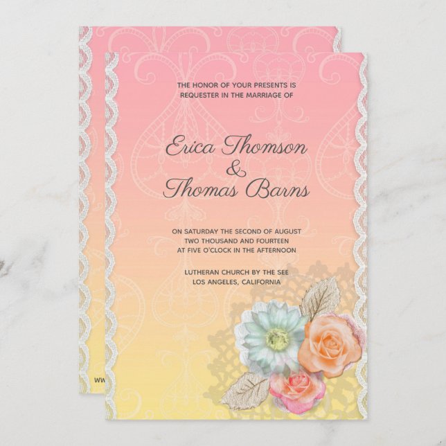 Lace And Flowers Wedding Invitation (Front/Back)