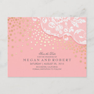 Lace and Gold Confetti Pink Vintage Save the Date Announcement Postcard