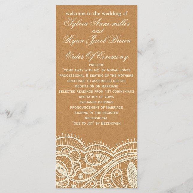 Lace and Kraft Paper Wedding Programme (Front)