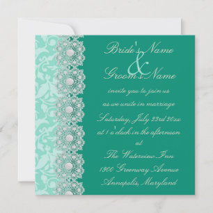 Lace and Pearls Aquamarine Wedding Invitation
