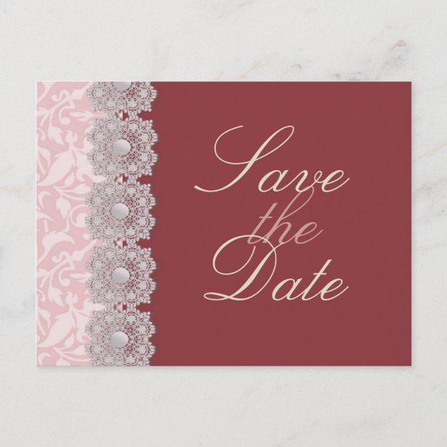 Lace and Pearls Raspberry Save the Date Postcard (Front)