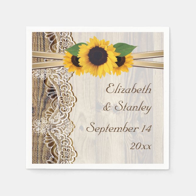 Lace and sunflowers on wood wedding napkin (Front)