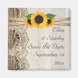 Lace and sunflowers wood wedding Save the Date Magnet