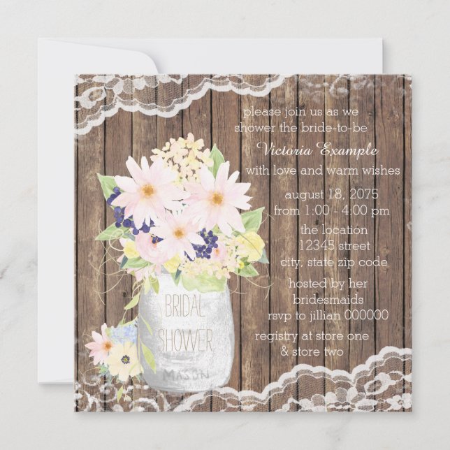 Lace and Wood Watercolor Flower Jar Bridal Shower Invitation (Front)