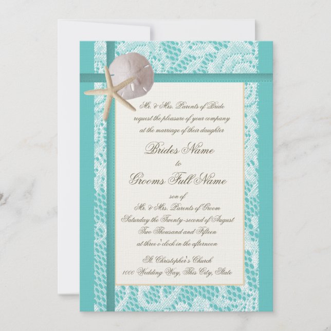 Lace Aqua Beach Wedding Invitation (Front)