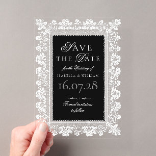 Lace Black and White Old Money Save the Date Acrylic Invitations