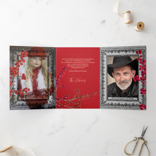 Lace Black Borders Red Personalised White Script Tri-Fold Holiday Card (Inside)