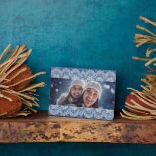 Lace blue denim family photo plaque