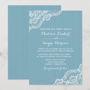 Lace Blue Stripes White Lacy Elegant Wedding Invitation