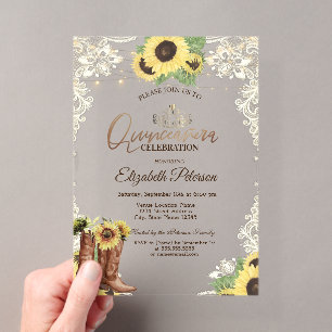 Lace,Boots Sunflowers Blue Wood Quinceañera Acrylic Invitations