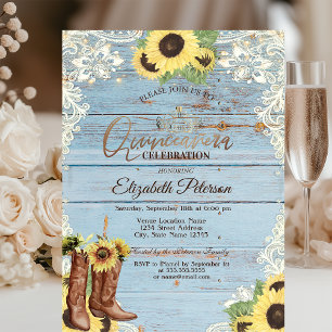 Lace,Boots Sunflowers Blue Wood Quinceañera  Invitation