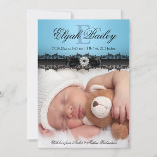 Lace & Bow Blue Photo Birth Announcement