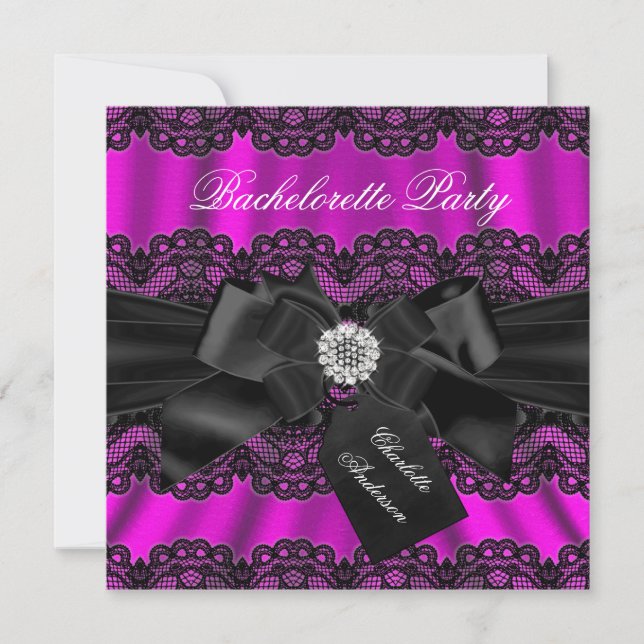 Lace & Bow Pink Black Bachelorette Party Invite (Front)