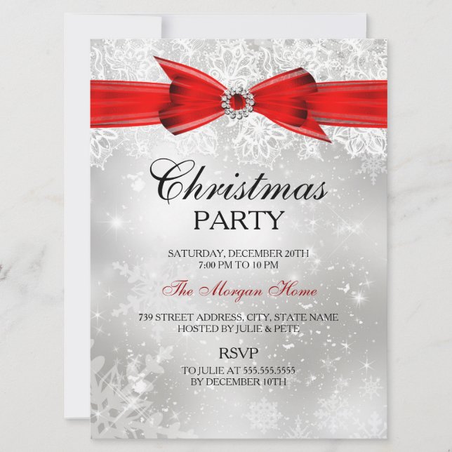 Lace & Bow Silver Red Christmas Holiday Invite (Front)