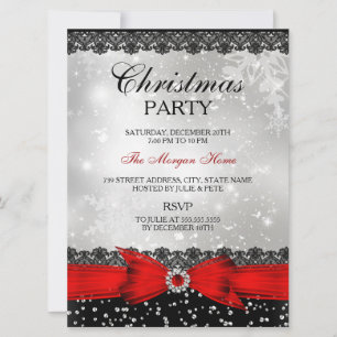 Lace & Bow Silver Red Christmas Holiday Invite