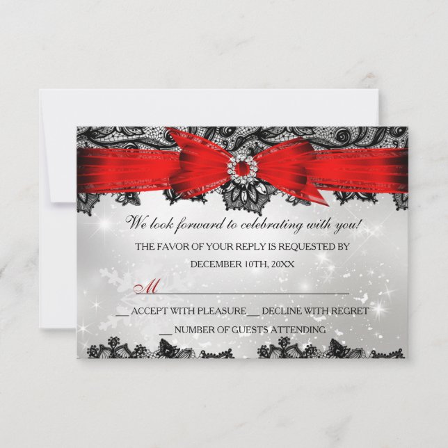 Lace & Bow Silver Red Christmas Holiday RSVP Card (Front)