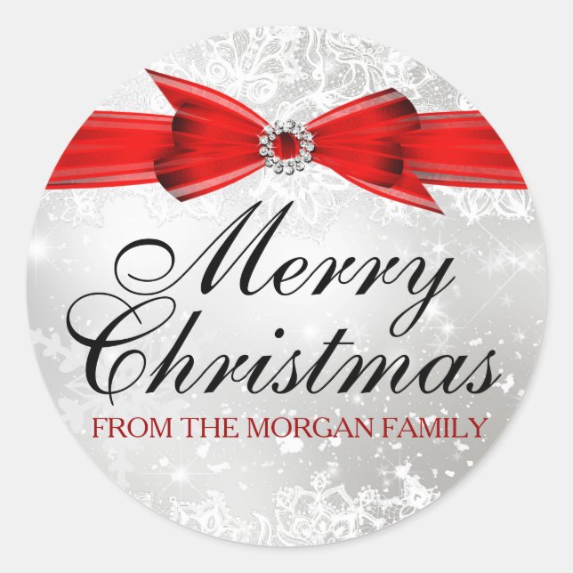 Lace & Bow Silver Red Christmas Holiday Sticker (Front)