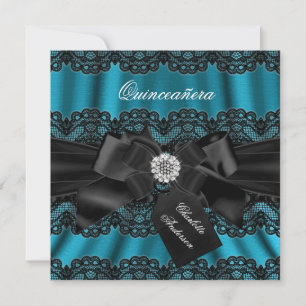 Lace & Bow Teal Black Quinceanera Party Invite