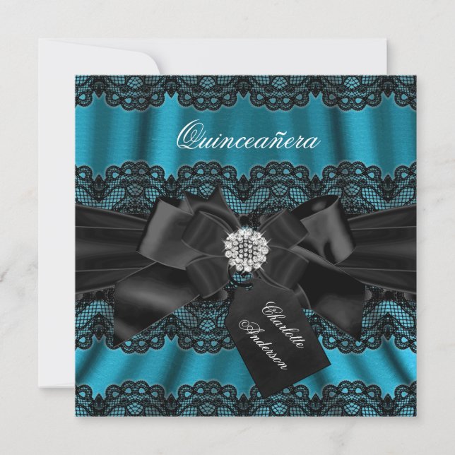Lace & Bow Teal Black Quinceanera Party Invite (Front)