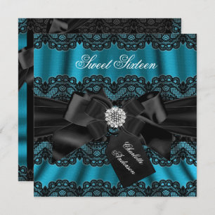 Lace & Bow Teal Black Sweet Sixteen Party Invite