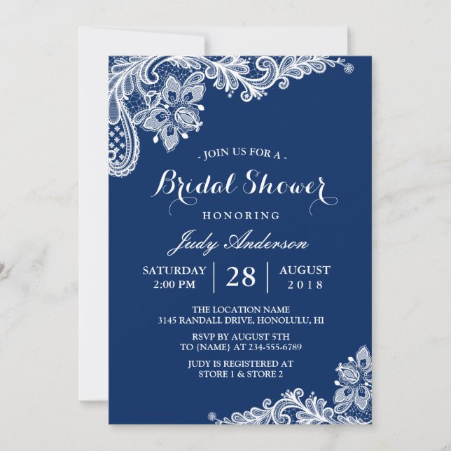 Lace Bridal Shower Trendy Navy Blue Invitation (Front)