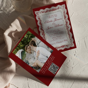 Lace Burgundy Old Money Photo QR Code Wedding  Invitation