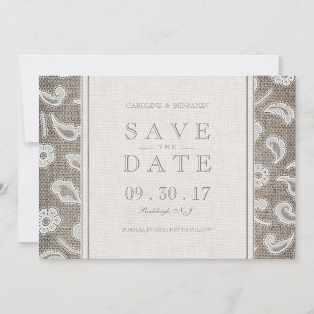 Lace burlap rustic country wedding save the date (Front)