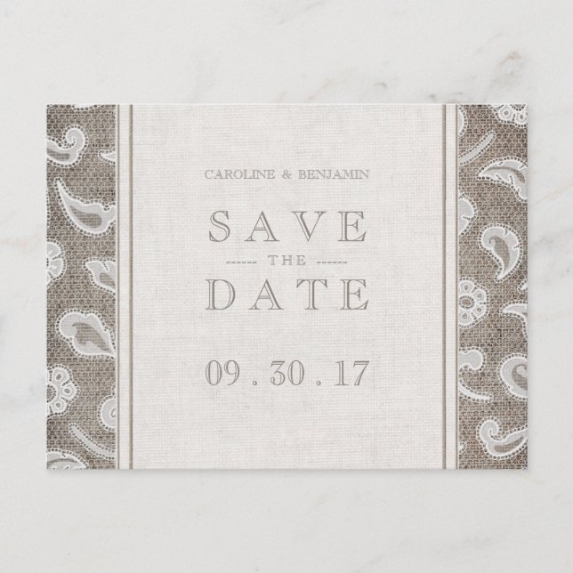 Lace burlap rustic country wedding save the date announcement postcard (Front)