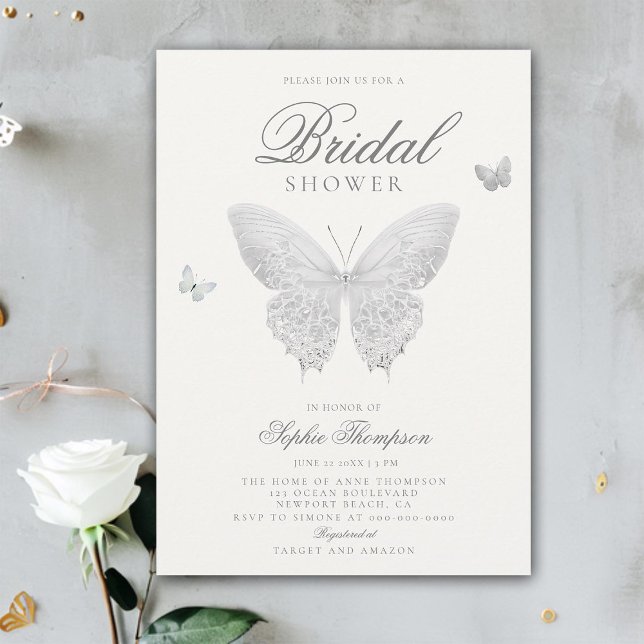 Lace Butterfly Elegant Boho White Bridal Shower Invitation (lace butterflies boho bridal shower invitation elegant feminine romantic chic white calligraphy)