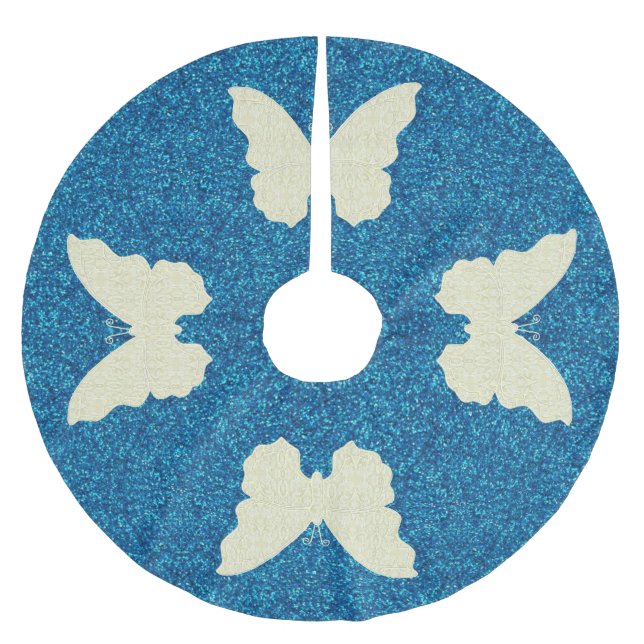 Lace Butterfly On Blue Glitter Tree Skirt (Front)
