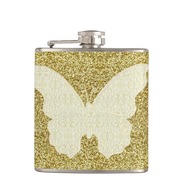 Lace Butterfly On Gold Glitter Flask (Front)