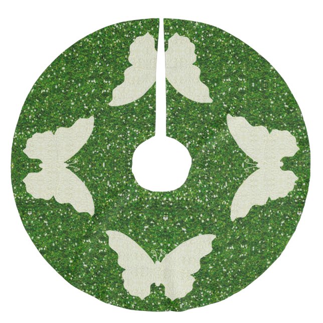 Lace Butterfly On Green Glitter Tree Skirt (Front)
