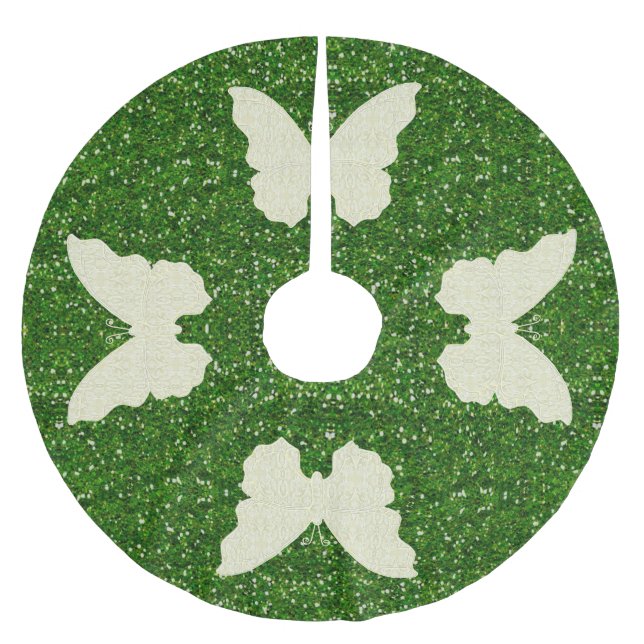 Lace Butterfly On Green Glitter Tree Skirt (Front)