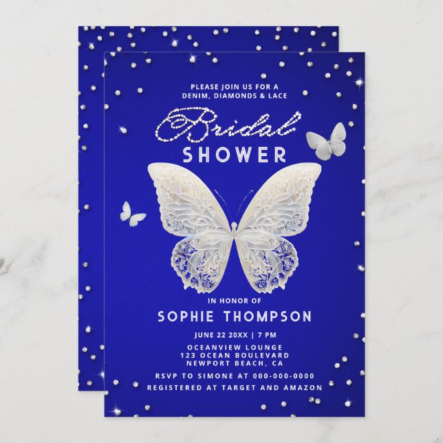 Lace Butterfly Rhinestone Royal Blue Bridal Shower Invitation (Front/Back)