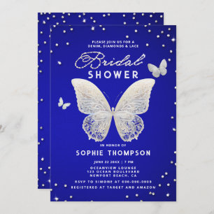 Lace Butterfly Rhinestone Royal Blue Bridal Shower Invitation