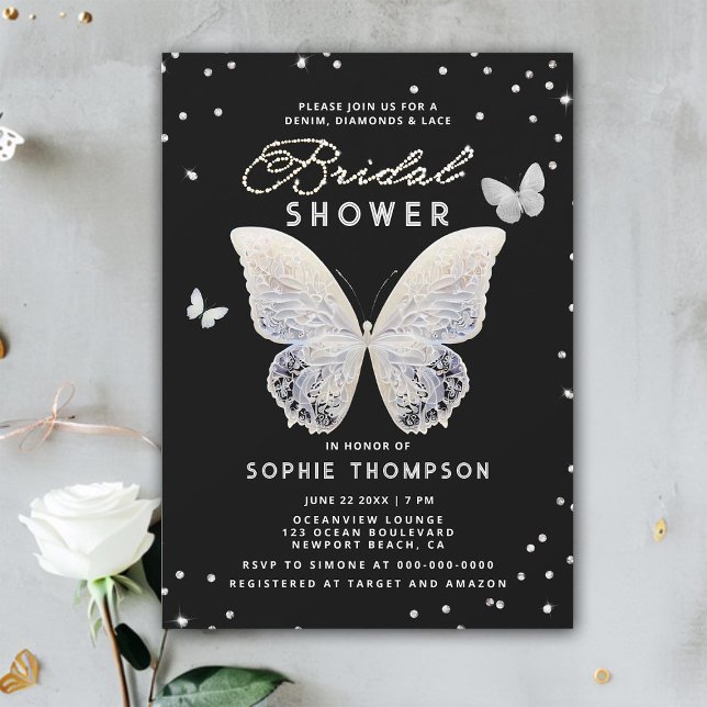 Lace Butterfly Rhinestones Elegant Bridal Shower Invitation (lace bridal shower invitation white butterflies elegant boho romantic classy rhinestones modern chic)