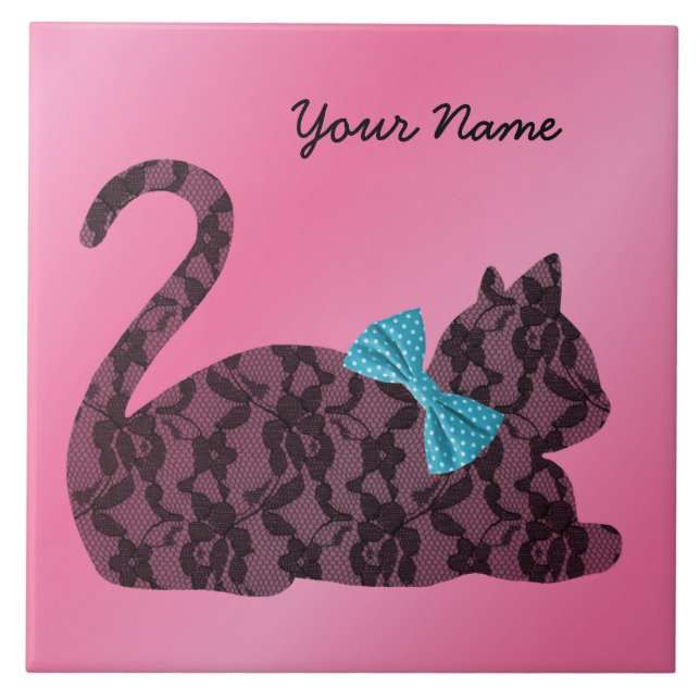 Lace Cat with Teal Bow - Pink Personalised Tile (Front)