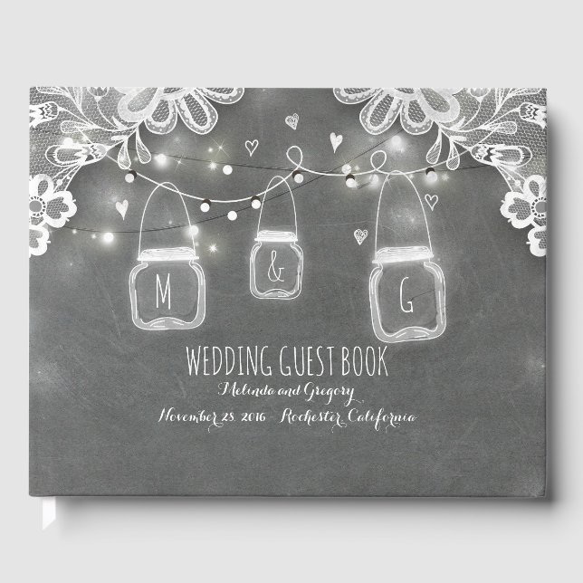 Lace Chalkboard Mason Jar Lights Rustic Wedding Guest Book (Front)
