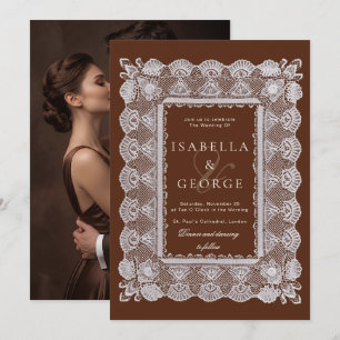Lace Chocolate Brown Photo Old Money Wedding Invitation