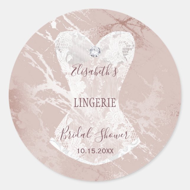 Lace corset blush silver marble lingerie shower classic round sticker (Front)