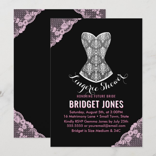Lace Corset Lingerie Shower Bridal Party Pink Invitation (Front/Back)