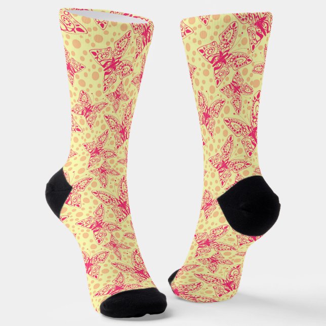 lace crimson butterflies on yellow polka dot  socks (Angled)