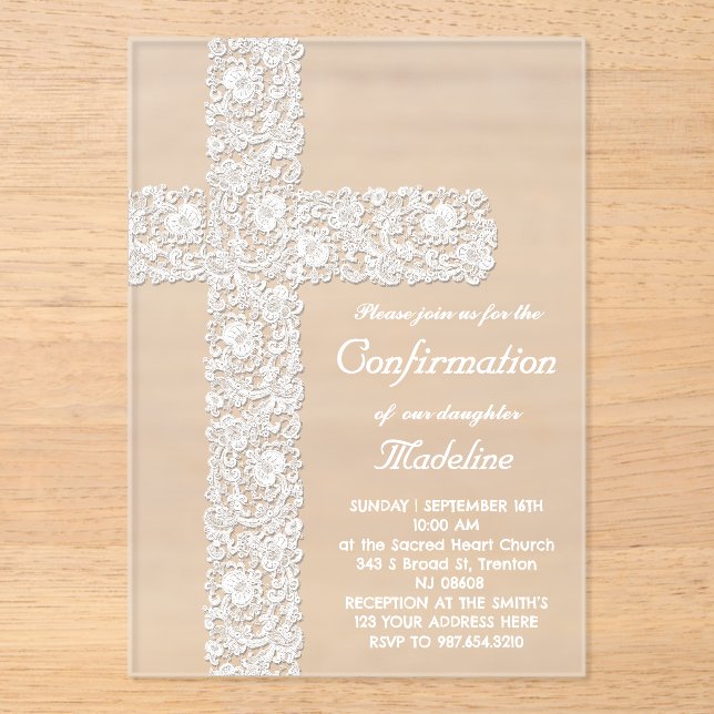 lace cross design | Confirmation Acrylic Invitations (Front)