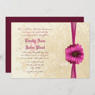 Lace Damask Moody Dark Pink Gerber Daisy Wedding Invitation