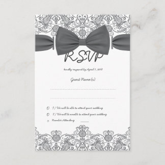 Lace Dark Bow Damask RSVP Card