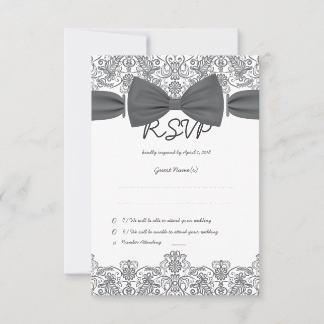 Lace Dark Bow Damask RSVP Card (Front)