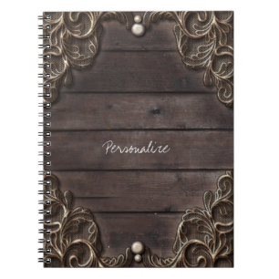 Lace & Dark Wood Rustic Vintage Western Elegant Spiral Notebook