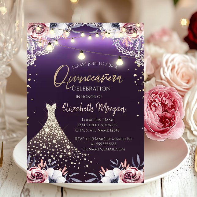 Lace,Diamonds Dress Floral Purple Quinceañera Invitation (Creator Uploaded)